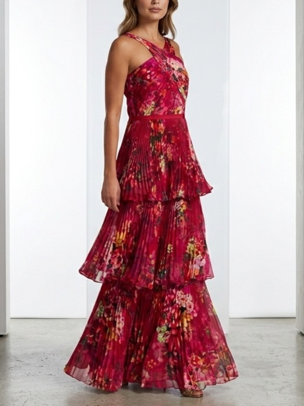 MARCHESA NOTTE Pleated Halter Floral Maxi Dress in Berry Sz 8